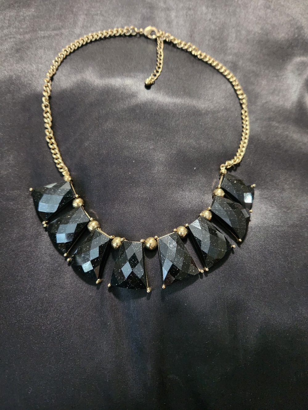​Vintage Gold Tone Black Goldstone Style Faceted Bib Statement Necklace